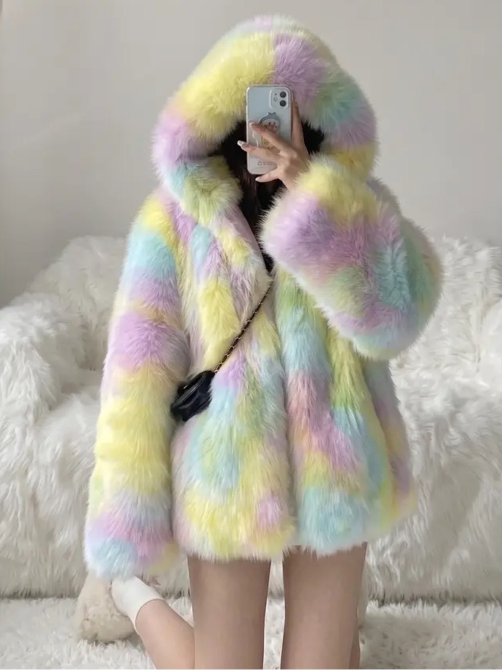 Pastel Multi-Color Faux Fur Hooded Coat - Women Jackets & Coats